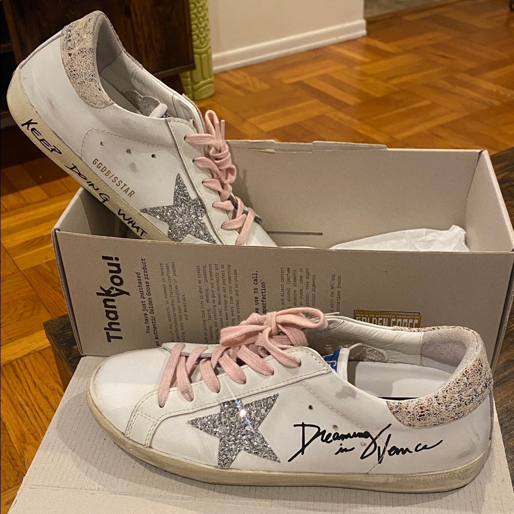 Authentic Golden Goose White Sneakers with Pink Laces and Glitter Star